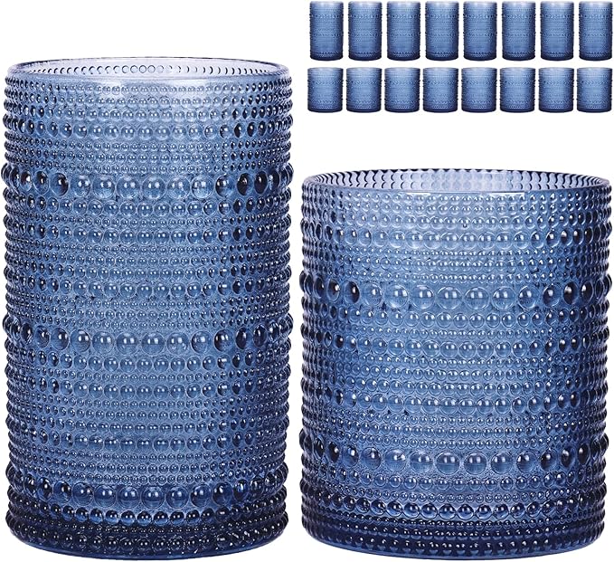 Moretoes Hobnail Drinking Glasses Set of 16, 12 Oz Highball Glasses & 10 Oz Cocktail Glasses, Clear Embossed Boho Glass Cups Kitchen Bar Tumbler Glassware Set for Whiskey, Beer, Juice, Milk (Blue)