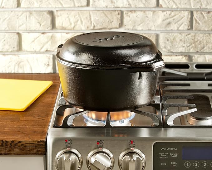 Lodge Cast Iron Double Dutch Oven - Pre-Seasoned 2-in-1 Cast Iron Cookware - Pot & Skillet Combo - Even Heat Retention - Oven-Safe, Versatile Pot - 5 Quart
