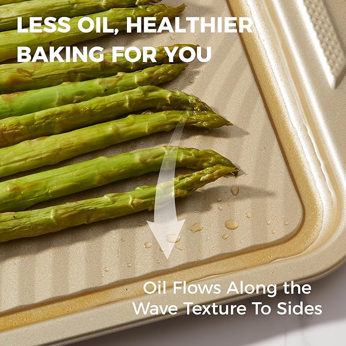 HONGBAKE 9-Piece Non Stick Baking Pans Set with Wave Texture for Reduced Oil, 0.8mm Thick Non Toxic Bakeware Sets, Includes Stackable Cookie Sheets for Oven Cooking, Cake Pan, Muffin Pan, Gold