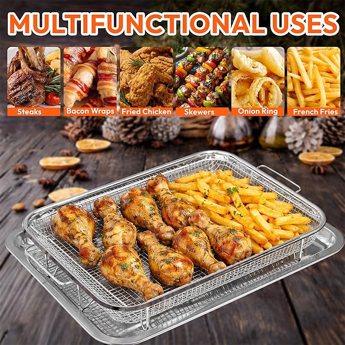 18.7" X 12.8" Extra Large Air Fryer Basket for Oven, Oven Air Fryer Basket and Tray Set With 30PCS Parchment Papers, Stainless Steel Air Fryer Pan and Crisper Tray for Frying Baking