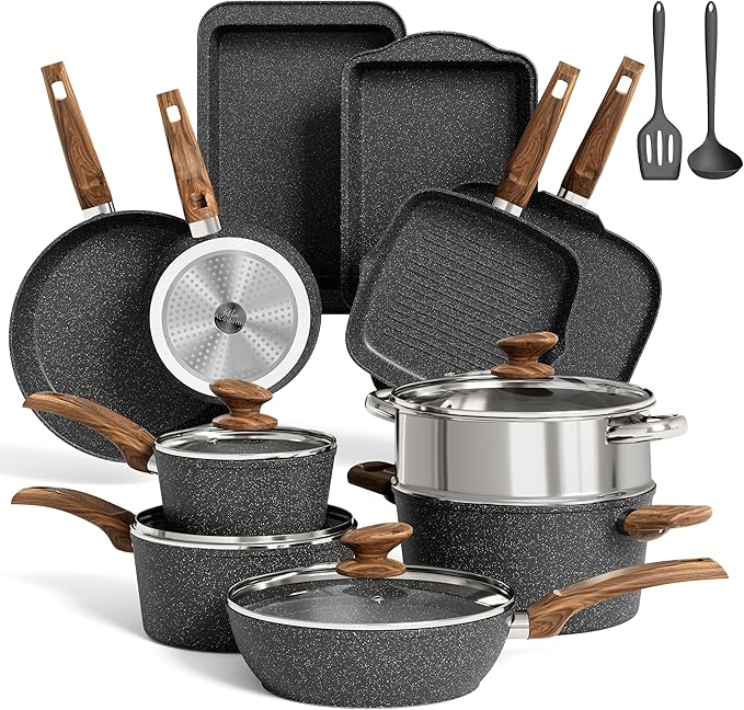 MAISON ARTS 17 Piece Black Pots and Pans Set Non Stick Granite, Non Toxic Induction Kitchen Cookware Sets, Pan and Pot Sets for Cooking Nonstick