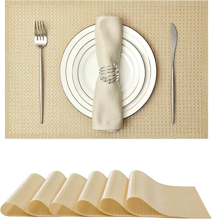 Leetaltree Luxury Gold Sequin Placemats Set of 6 - Waterproof Washable for Wedding, Anniversary, Daily Use - Sparkling Table Decor - Hand-Cut