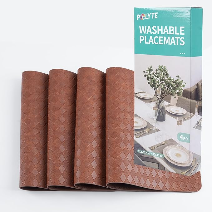POLYTE Indoor/Outdoor Washable Geometric Vinyl Faux Leather Table Dining Placemats, Set of 4
