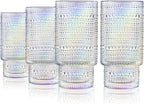 Joeyan Iridescent Drinking Glasses,Vintage Embossed Stacking Water Tumblers Romantic,Clear Hobnail Rainbow Glassware Set,Beaded Highball for Juice Beverages Coffee Tea Cocktail,10 oz,Set of 4