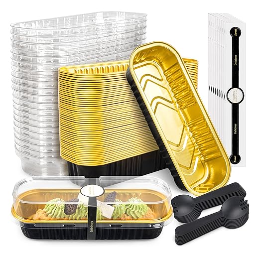 NPLUX 50 Pack Mini Cake Pans with Lids and Spoons Black Gold Rectangular Aluminum Foil Baking Pans Mini Cheesecake Containers(6.8oz)
