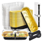 NPLUX 50 Pack Mini Cake Pans with Lids and Spoons Black Gold Rectangular Aluminum Foil Baking Pans Mini Cheesecake Containers(6.8oz)