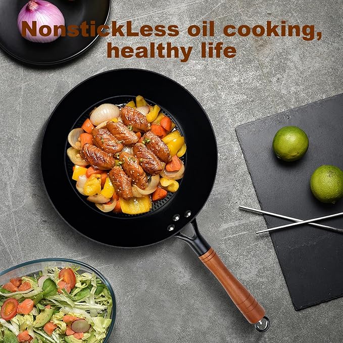 Pre-coated non-stick cast iron wok with wooden handle (no lid), suitable for gas, induction, and electric stoves, easy to use and maintain (12 inches)
