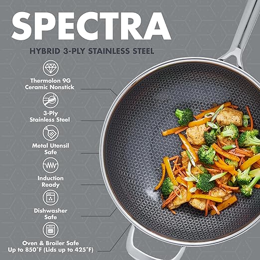 GreenPan Spectra 12" Wok Pan with Lid, Hybrid Tri-Ply Stainless Steel, PFAS-Free Ceramic Nonstick Textured Cooking Surface, Induction Cookware, Diswasher Safe, Oven & Broiler Temp to 850˚F