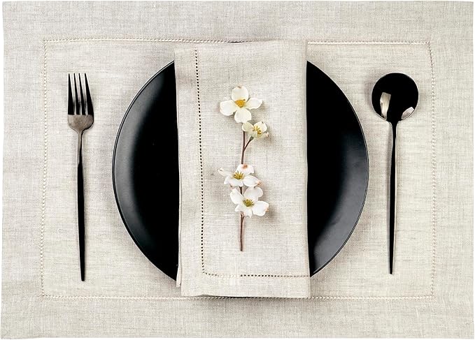 D'Moksha Homes Light Natural Linen Cloth Placemats Set of 4-100% Pure Linen Hemstitch Placemats 14 x 19 Inch - Classic Hemstitch Table Place Mats for Valentines - Handcrafted, Machine Washable