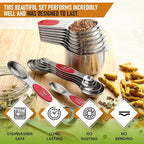Spring Chef Magnetic Measuring Cups & Spoons Set, Patented, Strong N45 Magnets, Heavy Duty Stainless Steel Fits in Spice Jars for Baking & Cooking, BPA Free, Round Set of 15 with Leveler, Red