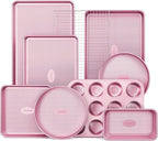 HONGBAKE 9-Piece Baking Pans Set Nonstick, Stackable Non Toxic Bakeware Sets with Diamond Texture, Oven Pan Set for Cooking, Includes Cookie Sheet with Rack, Cake Pan, Roasting Pan, Muffin Tin, Pink