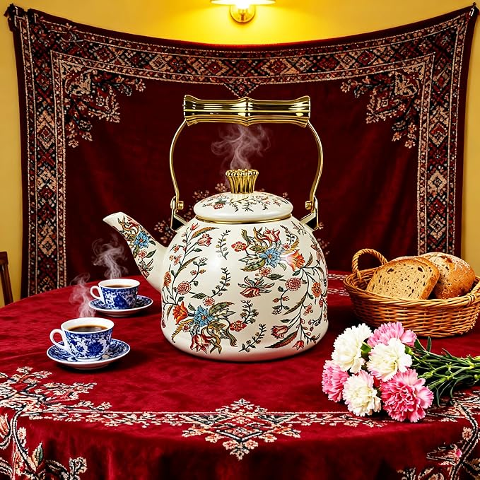 Vintage Enamel Tea Kettle, Colorful Floral Pattern Stovetop Teapot with Gold Handle, 2.5L Enamel Kettle Kitchen Decor, Ideal Gift for Housewarming Camping Coffee Pot