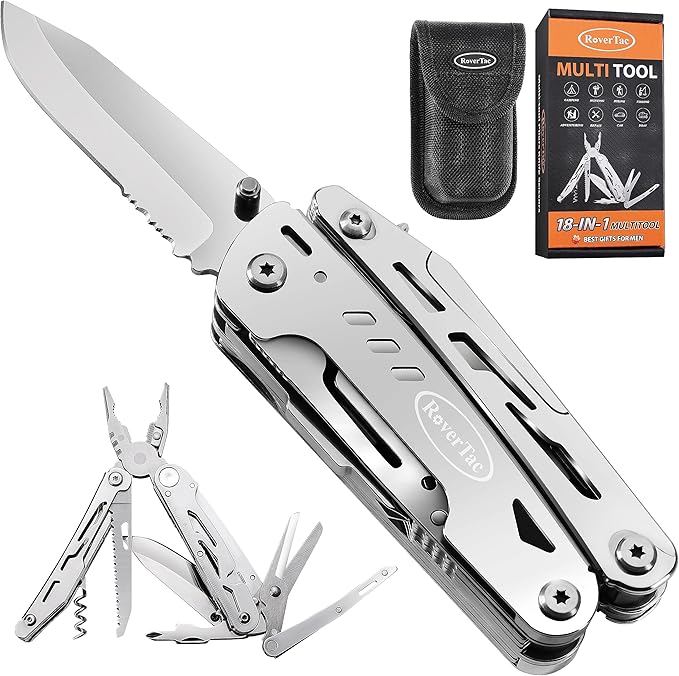 RoverTac Multi Tool Pocket Knife Tactical Camping Survival Knife Gifts for Men Dad Husband 18 in 1 Multitool Pliers Scissors Saw Corkscrew Bottle Opener 9-pack Screwdrivers Safety Lock Nylon Sheath