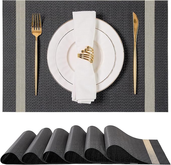 Leetaltree Luxury Black Placemats with Gold Stripes Placemats Set of 4 - Waterproof Washable for Wedding, Anniversary, Daily Use - Sparkling Table Decor - Hand-Cut