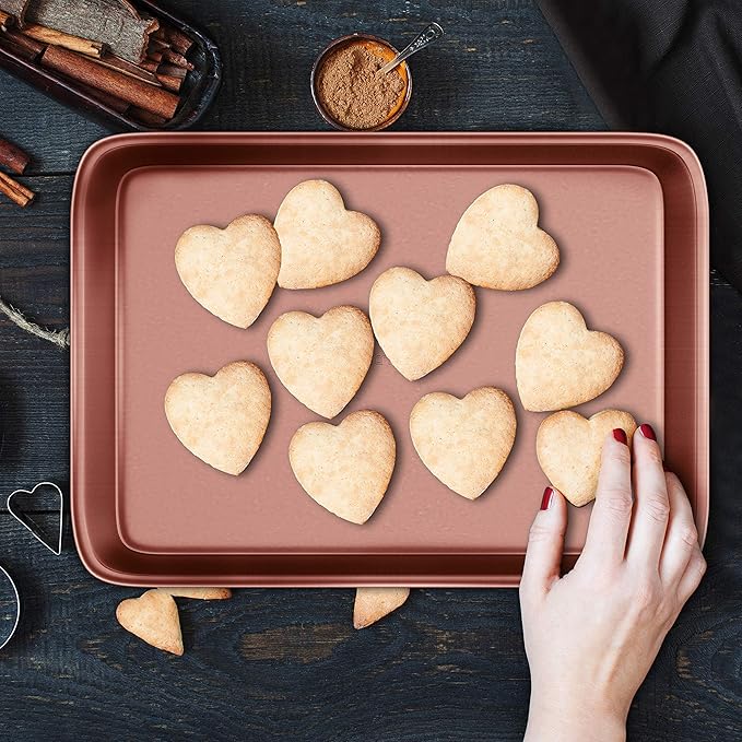 NutriChef Nonstick Cookie Sheet Baking Pan - 2pc Large & Medium Metal Oven Baking Tray, Professional Quality Kitchen Cooking Non-Stick Bake Trays w/ Rimmed Borders, Rose Gold