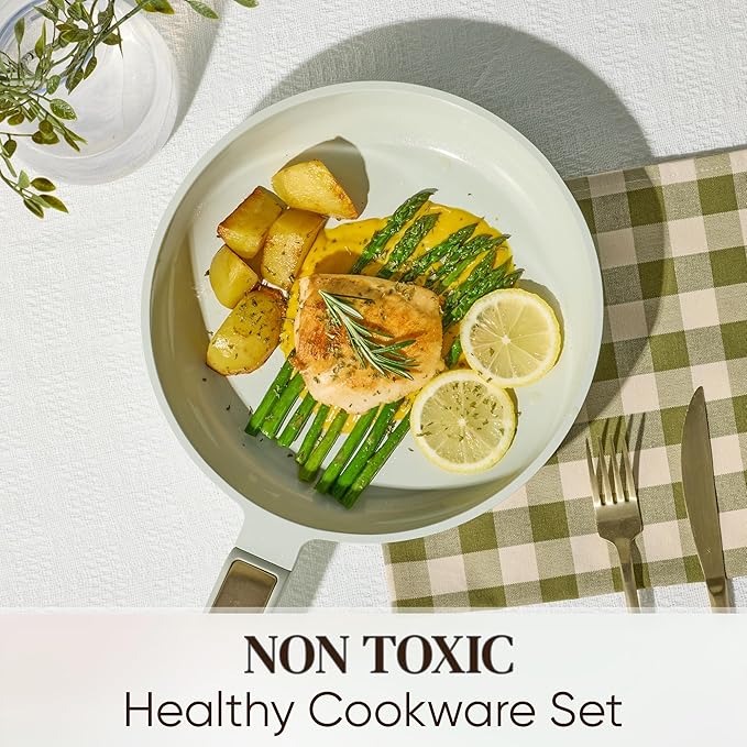 CAROTE Ceramic Cookware Set Nonstick, 14pcs Pots and Pans Set Nonstick, Non-Toxic & PFAS-Free, Dishwasher, RV/Camping Cookware Set, Cooking Pots with Lids, Sage Green