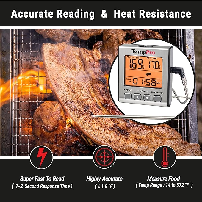 TempPro Digital Meat Thermometer for Cooking and Grilling, BBQ Food Thermometer with Backlight and Kitchen Timer, Grill Temperature Probe Thermometer for Smoker, Oven, Baking,Oil(Previously ThermoPro)