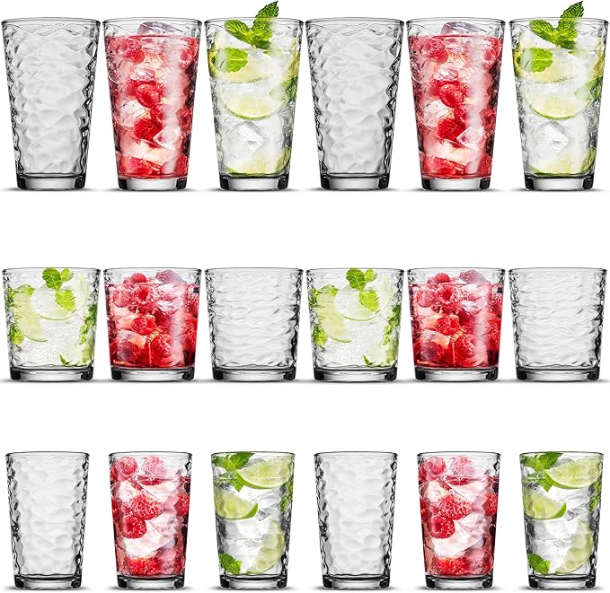 Biscayne 18-Piece Family Drinking Glasses Set - Drinking Glassware Set with Highball Cooler, DOF (Double Old Fashioned), and Juice Glasses - 6 Each