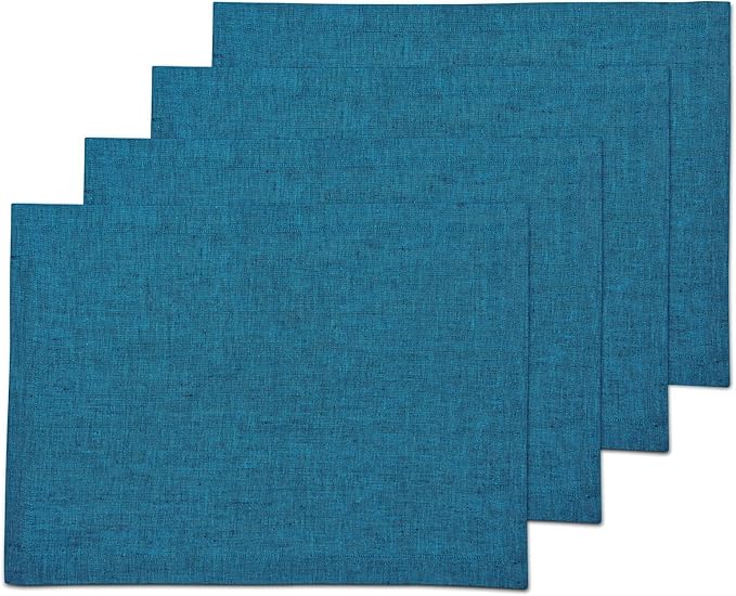 Solino Home Linen Placemats Set of 4 - Chambray Teal Placemats 14 x 19 Inch - 100% Pure Linen Table Mats - Athena