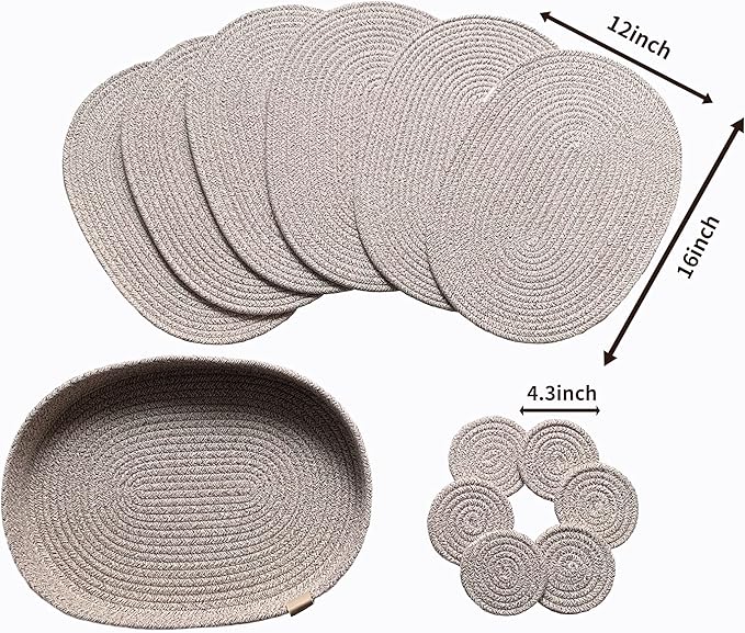 Placemats Set of 6 Oval – Woven Boho Farmhouse Table Mats for Dining Table for 6, Kitchen Decor, Washable and Handmade Rustic Table Accessories (Oval Plus, Taupe Mix)