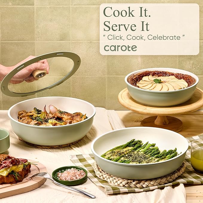 CAROTE Pots and Pans Set, Nonstick Cookware Set Detachable Handle, 19pcs Induction Kitchen Cookware Sets Non Stick with Removable Handle, RV Cookware Set, Oven Safe, Sage Green