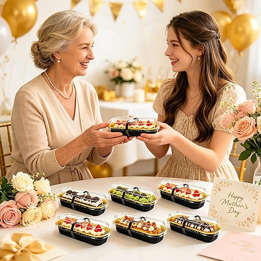 NPLUX 100 Pack Mini Cake Pans with Lids and Spoons Black Gold Rectangular Aluminum Foil Baking Pans Mini Cheesecake Containers(6.8oz)