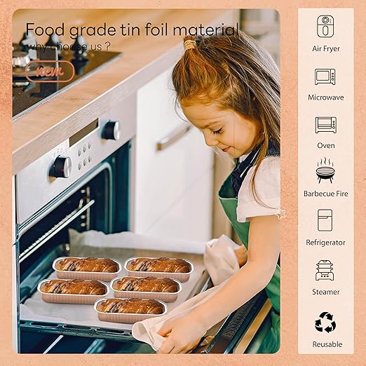 NPLUX 50 PACK Mini Cake Pans with Lids and Spoons, Rectangular Aluminum Foil Bread Pan, Mini Loaf Pans and Food Containers with Lids(Champagne, 6.8oz)