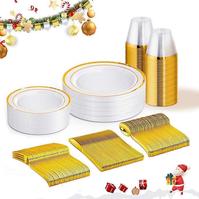 150 PCS Gold Disposable Dinnerware Set for 25 Guests, Gold and White Plastic Plates for Party, 25 Dinner & Salad Plates, 25 Cups, 25 Forks Knives Spoons for Wedding and Party Supplies