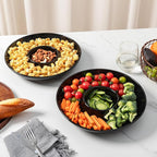LEHAHA Porcelain Chip and Dip tray, set of 2, Ceramic Divided Serving Tray for Parties, Round Dip Platter and Salsa bowl Perfect for chips, salsa, candy, olives, nuts, fruit and veggies, Bright Black