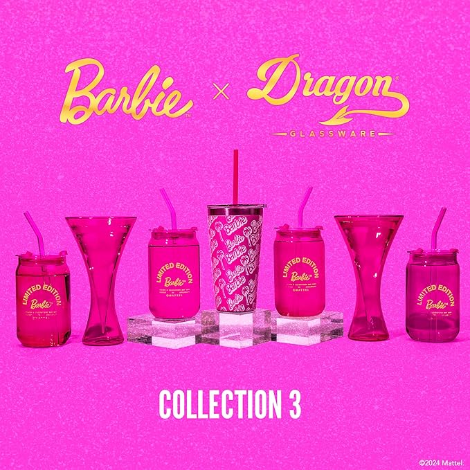 Dragon Glassware x Barbie Drinking Glasses - Pink and Magenta - 16 oz Can Shaped Glass Cups with Lids and Straws Set of 2 - Iced Coffee Cups with Lids - Glass Tumbler with Straw and Lid