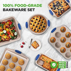 NutriChef 8-Piece Nonstick Bakeware Set - Heavy Duty Carbon Steel Baking Pans w/ Blue Silicone Handles - Pizza Crisper, Muffin & Loaf Pan, Round & Square Pans, Cookie Sheet - Champagne Gold