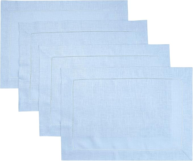 D'Moksha Homes Powder Blue Linen Cloth Placemats Set of 4-100% Pure Linen Hemstitch Placemats 14 x 19 Inch - Classic Hemstitch Table Place Mats for Winter - Handcrafted and Machine Washable