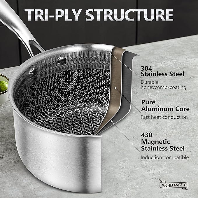 MICHELANGELO Triply Stainless Steel Pot Set, Hybrid Nonstick Saucepan Set with Lids, Induction Compatible Heavy Duty Sauce Pan 1QT & 2QT & 3QT, Honeycomb Interior, Dishwasher Safe Cookware - 6 Piece