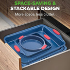 NutriChef 8-Piece Bakeware Set - Nonstick Carbon Steel Baking Pans with Red Silicone Handles, Blue Coating, Durable & Stain-Resistant, Perfect for Baking Cakes, Muffins, Cookies (Blue)