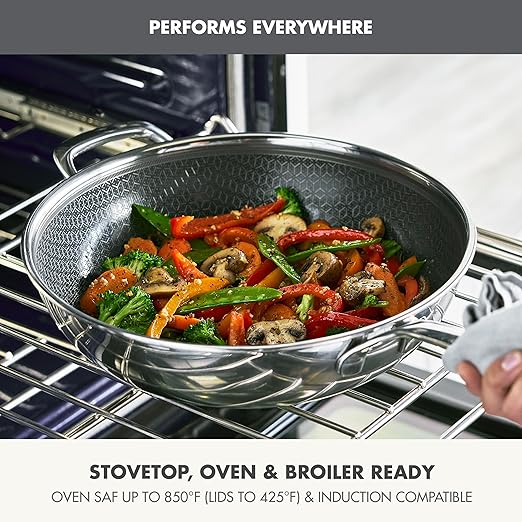 GreenPan Spectra 12" Wok Pan with Lid, Hybrid Tri-Ply Stainless Steel, PFAS-Free Ceramic Nonstick Textured Cooking Surface, Induction Cookware, Diswasher Safe, Oven & Broiler Temp to 850˚F