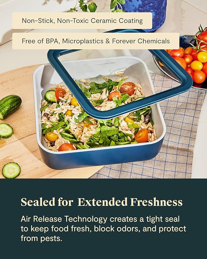 Caraway Glass Food Storage - 10 Cup Glass Container - Ceramic Coated Food Container - Non Stick Lunch Box with Lids - Dishwasher, Oven, & Microwave Safe - Square Shape - Perracotta