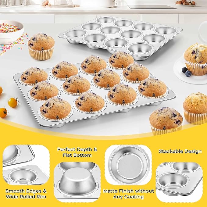 Homikit 1 Pack Muffin Pan, Stainless Steel Cupcake Tin with 12 Cups Regular Size, 13.8" x 10.4" Nonstick Metal Egg Bites Tray for Oven Baking, Non Toxic & Rust Free, Easy Release & Dishwasher Safe
