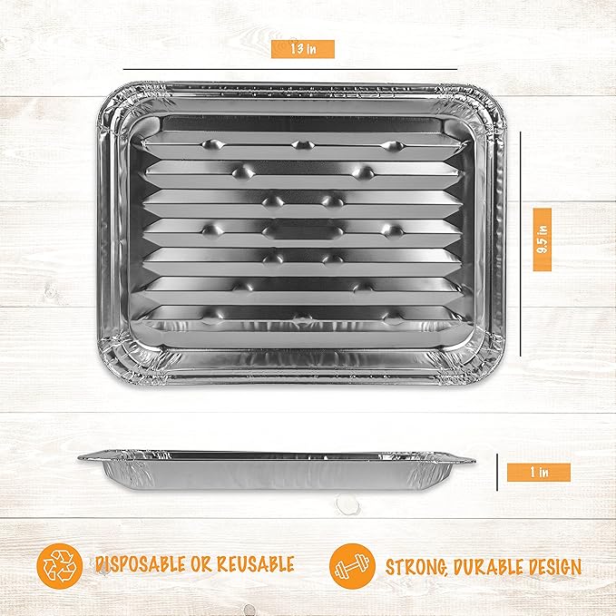 PLASTICPRO 10 Pack Disposable Aluminum Grill Liners Toppers Aluminum Foil Broiler Pans Durable Ribbed Grill Drip Pans 9x13