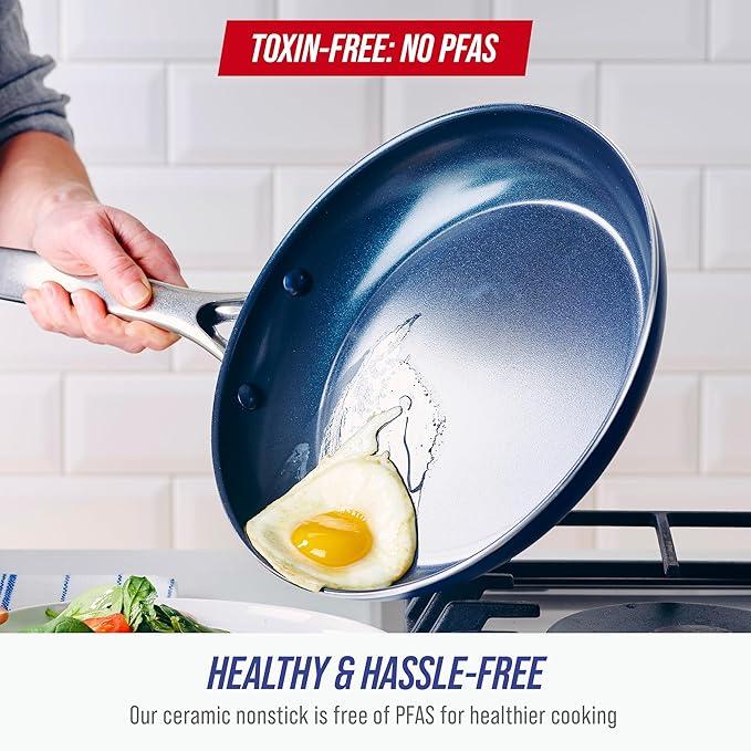 Blue Diamond 9.5” and 11" Frying Pan Skillet Set, Diamond Infused PFAS & PFOA-Free Ceramic Nonstick Pots & Pans, Durable Non Toxic Metal Utensil Safe & Scratch Resistant, Dishwasher & Oven Safe, Blue