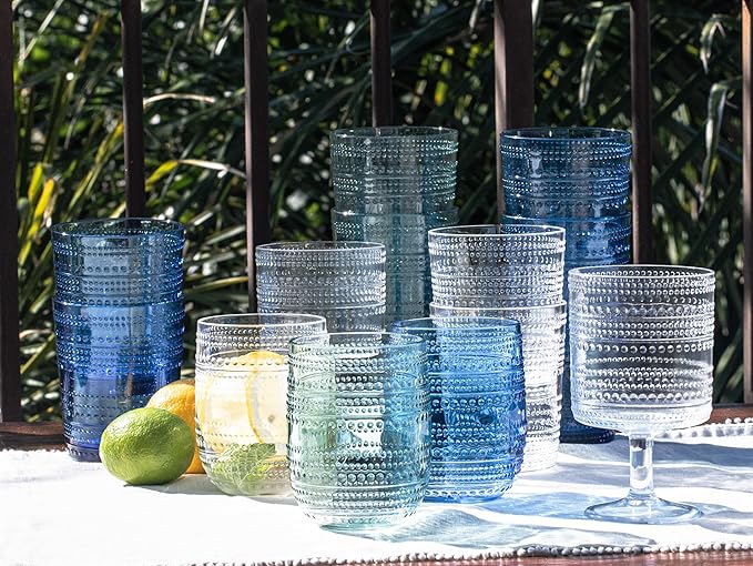 Beaded 15.6 oz Durable Acrylic Double Old Fashioned Drinking Glasses, Shatter-Resistant and Dishwasher-Safe Indoor/Outdoor - Cobalt Blue - Set of 6