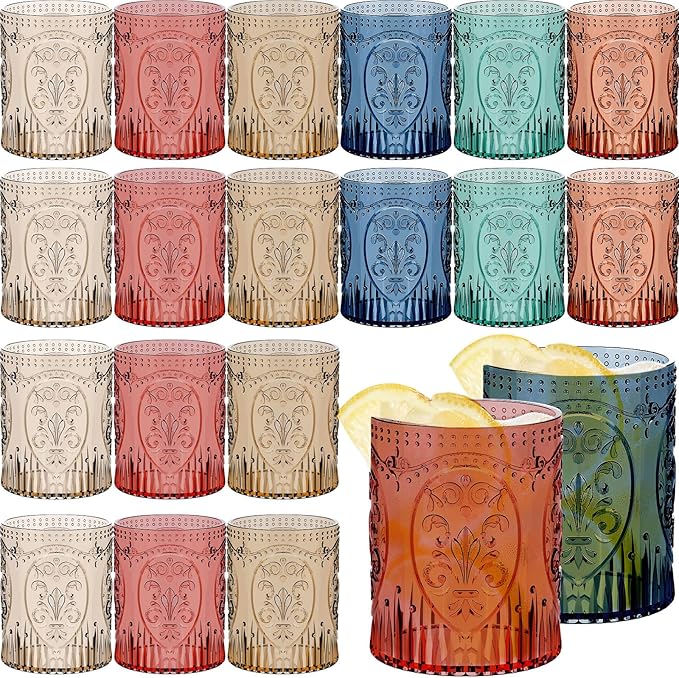 Qinyoung 24 Plastic Vintage Drinking Glasses 8.5oz Stemless Retro Embossed Wine Glasses Shatterproof Reusable Cups for Baby Shower Wedding Reception Grand Event Party (Vintage Multicolor)