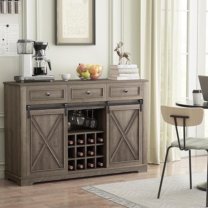 Farmhouse Wine Bar Cabinet with Storage, Liquor Cabinet with Rack for Inside Cabinet, Coffee Bar Cabinet with Sliding Barn Door, Buffet Table for Kitchen, Living Room, 54 Inch (Antique Brown)