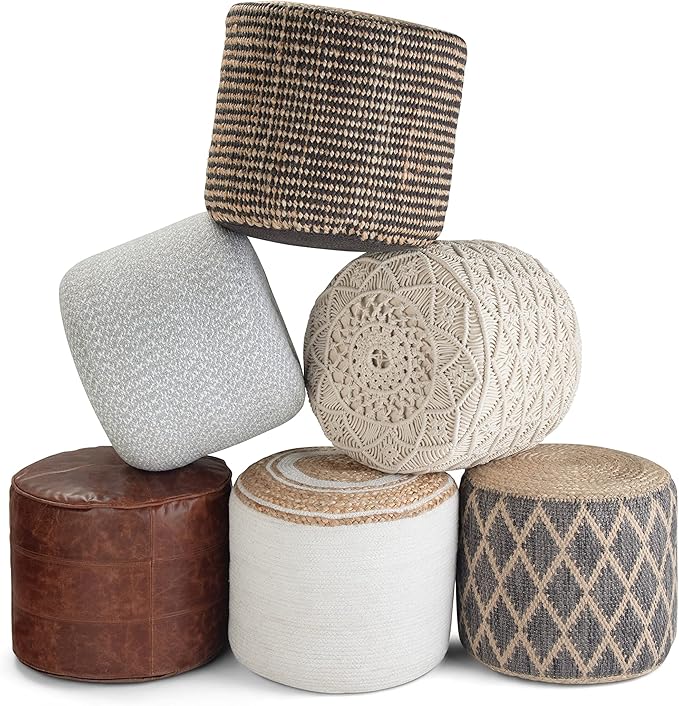 SIMPLIHOME Serena Round Braided Pouf - 18 inch Wide Upholstered Jute and Cotton Ottoman in Natural, Boho-Style Footstool or Extra Seating for Living Room with Polystyrene Bead Filling, Assembled