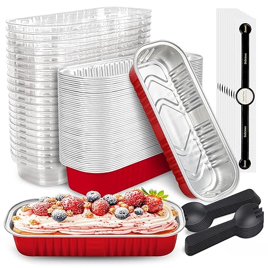 NPLUX 50 PACK Mini Cake Pans with Lids and Spoons, Rectangular Aluminum Foil Bread Pan, Mini Loaf Pans and Food Containers with Lids(Red, 6.8oz)