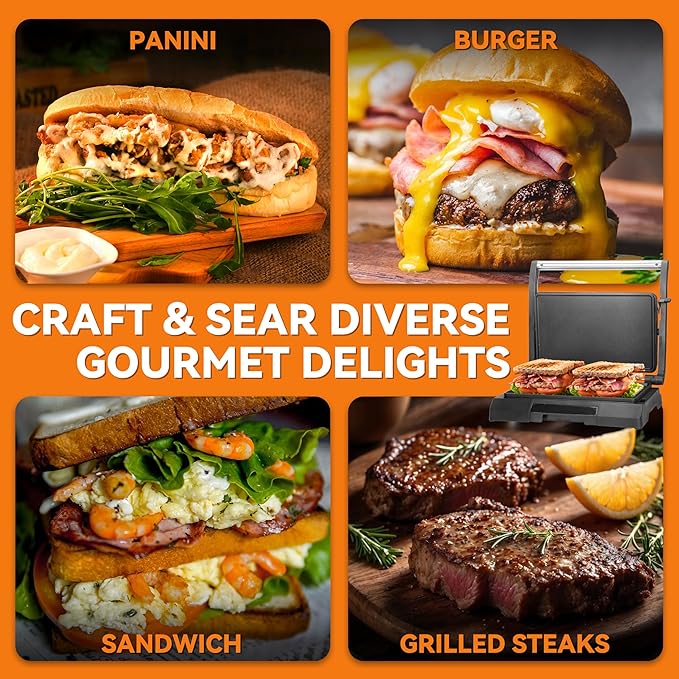 Baker's Friend Mini Panini Press Electric Griddle, 2 Slices of Panini Grill Press Sandwich Maker Press, Sandwichera Electrical for Pancakes & Eggs, Oil Tray, Non Stick Surfaces, Stainless Steel