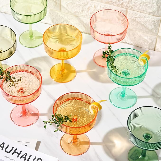Khen Shatterproof Acrylic Ribbed Vintage Art Deco Martini, Champagne & Cocktail Spring & Summer Bright Pastel Colors Plastic Coupe Glasses | 8 Set | 8oz Ripple Classic Indoor & Outdoor, European Style