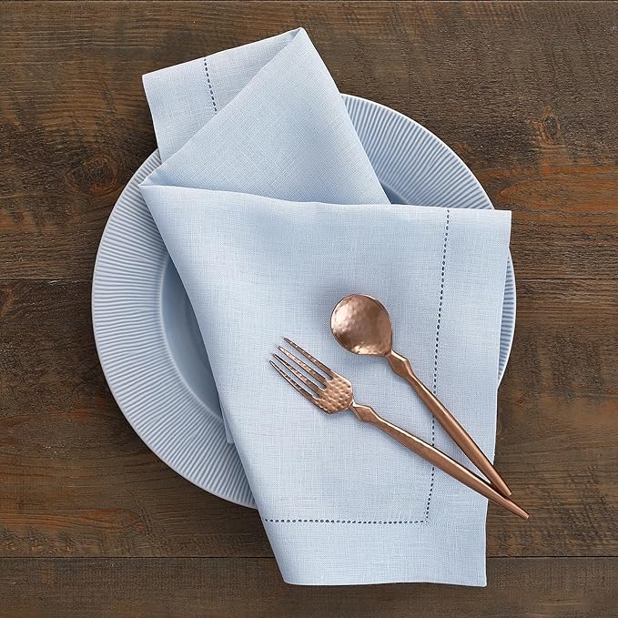 Solino Home Light Blue Linen Napkins Set of 6-100% Pure Linen Hemstitch Dinner Napkins 20 x 20 Inch for Winter, New Year - Classic Hemstitch