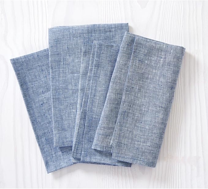 Solino Home Linen Cloth Napkins Set of 4-100% Pure Linen Chambray Indigo Dinner Napkins 20 x 20 Inch - Athena, Handcrafted and Machine Washable - Holiday, Winter, New Year
