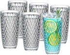 KLIFA- ASPEN- 17.6 ounce, Set of 6, Acrylic Vintage Drinking Glasses, Shatter-proof Highball, BPA-Free, Stackable Plastic Drinkware, Dishwasher Safe Cups, Clear