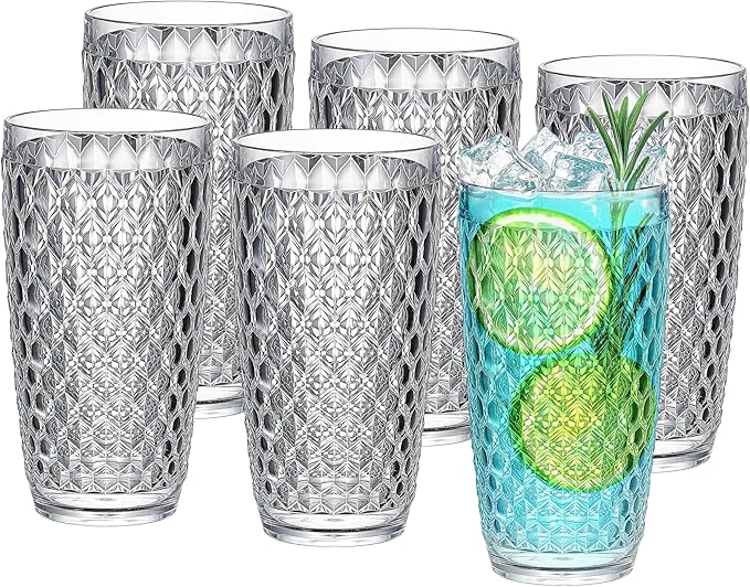KLIFA- ASPEN- 17.6 ounce, Set of 6, Acrylic Vintage Drinking Glasses, Shatter-proof Highball, BPA-Free, Stackable Plastic Drinkware, Dishwasher Safe Cups, Clear